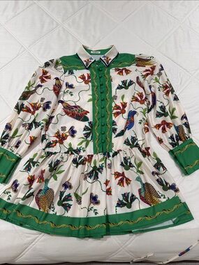 Sunday Up Cream Dress/Tunic with Green Trim and Multicolor Bird Print